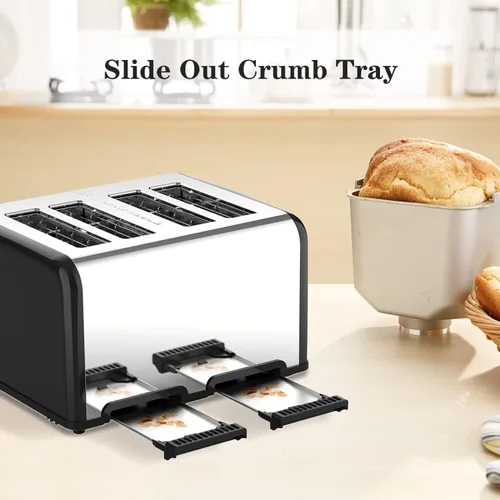 Vista 7 de Tostadora de 4 rebanadas, tostador de panecillos de acero inoxidable KitchMix con temporizador LCD, ranuras extra anchas, pantalla dual, bandeja