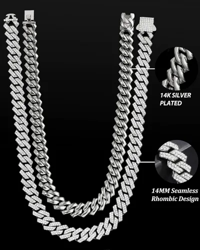 Vista 6 de WKTYCCT 2 cadenas de eslabones cubanos para hombres y mujeres, collares cubanos de Miami, oro y plata de 0.55 pulgadas (0.551 in), juego de collar