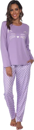 Vista 4 de Cotton Pajamas For Women, Long Sleeve Sleepwear with Long Pants, Cat Printed Pj Loungewear Sets, PJ Set for Women