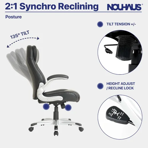 Vista 5 de Nouhaus +Posture Silla ergonómica de oficina de cuero PU. Soporte lumbar Click5 con apoyabrazos FlipAdjust. Silla ejecutiva moderna y silla de Negro