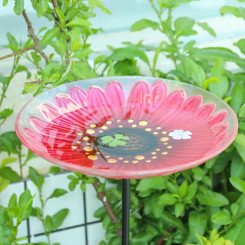 Vista 3 de MUMTOP - Bañera de cristal para pájaros, comedero para pájaros de jardín al aire libre con estaca de metal, flor