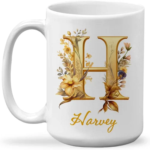 Vista 8 de Taza de cerámica personalizada con letra A del alfabeto, taza de café personalizada con nombre, taza de té inicial con monograma floral