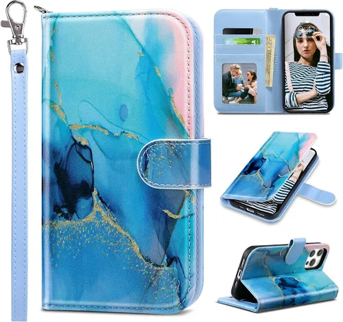 Vista 17 de ULAK Compatible con iPhone 12 Pro Max Funda Cartera con Portarjetas, Funda de Cuero PU con Soporte Plegable Ranuras para Tarjetas Correa de Muñeca