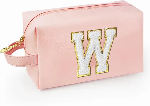 Vista 62 de Bolsa de maquillaje personalizada con inicial con asa, bolsa de cosméticos de preparación con bolsillo interior con cremallera, 8, 9, 10, 11, 12 Rosa