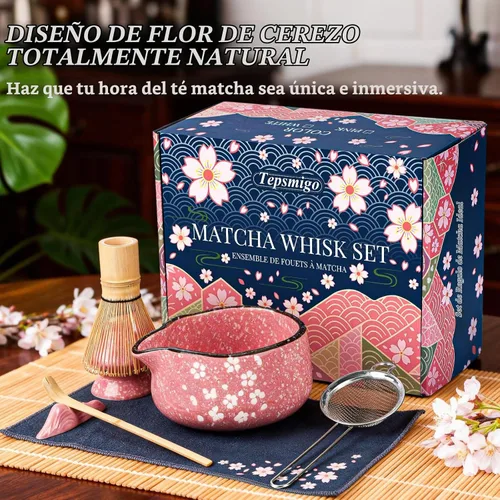 Vista 2 de Juego de Batidores de Matcha, 7 Piezas Juegos de Matcha de Cerámica con Cuenco, Batidor de Bambú y Soporte, Toalla, Tamiz, Cuchara de Bambú