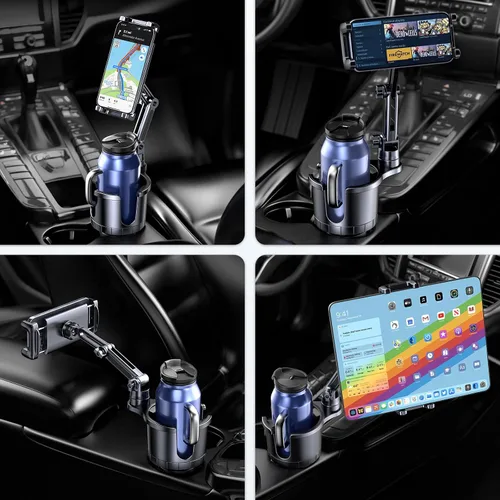 Vista 8 de Portavasos para teléfono y tableta, 2 en 1, iPad con brazo extensible ajustable para teléfono de 4.7 a 10 pulgadas, soporte para tableta compatible