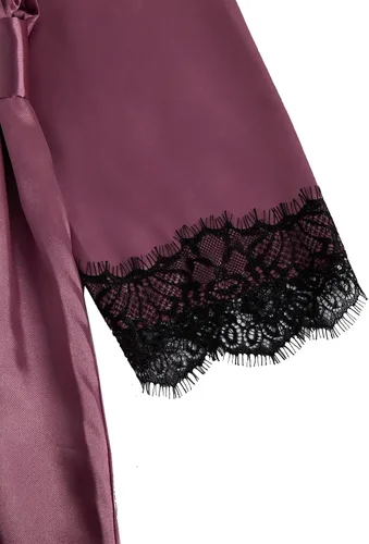 Vista 6 de WDIRARA Conjunto de pijama de 3 piezas de satén con encaje floral y pantalones cortos para mujer con bata