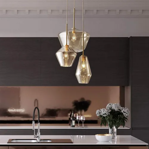 Vista 5 de Lámpara colgante de cristal con 3 cabezales, color dorado champán