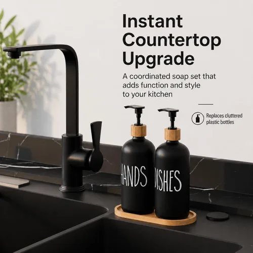 Vista 4 de Dispensador de jabón para platos para fregadero de cocina. Dispensador de jabón de manos de vidrio, decoración moderna de casa de campo para baño