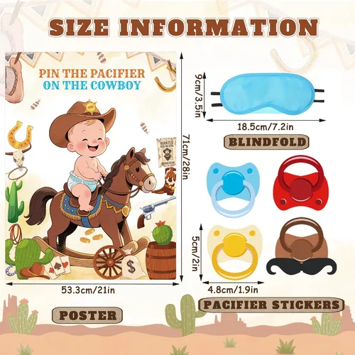 Vista 3 de GLURUITE Pin The Chupete On The Cowboy Baby Shower Juego incluye póster grande, 24 calcomanías para chupete, juego para vendar los ojos