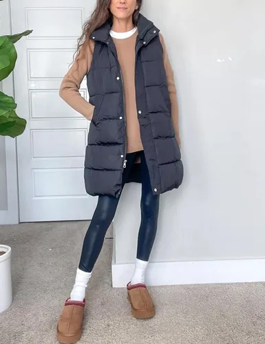 Vista 3 de Tanming - Chaleco largo acolchado de algodón sin mangas con capucha extraíble para mujer