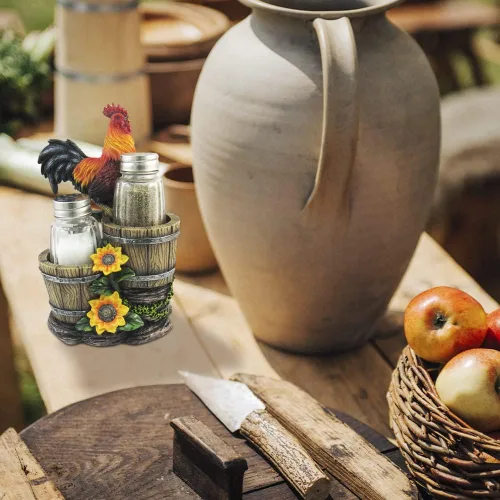 Vista 6 de DWK Sunrise Seasonings - Juego de salero y pimentero de 3 piezas de gallo de granja, recargable, tarros de cristal para sal y pimienta, novedoso
