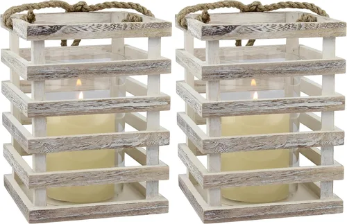 Vista 5 de Stonebriar SB-5080B Linterna de vela de madera blanca desgastada para casa de playa con mango de cuerda y cilindro de vidrio extraíble Hurricane
