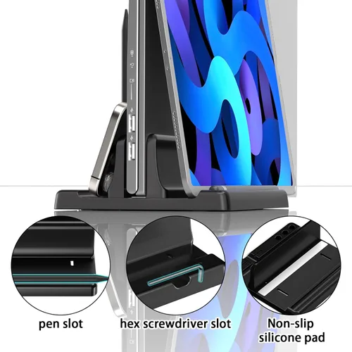 Vista 3 de Soporte vertical para laptop ajustable - Gestionador de escritorio de plástico ABS de ahorro de espacio 3 en 1 compatible con todos los MacBook Pro