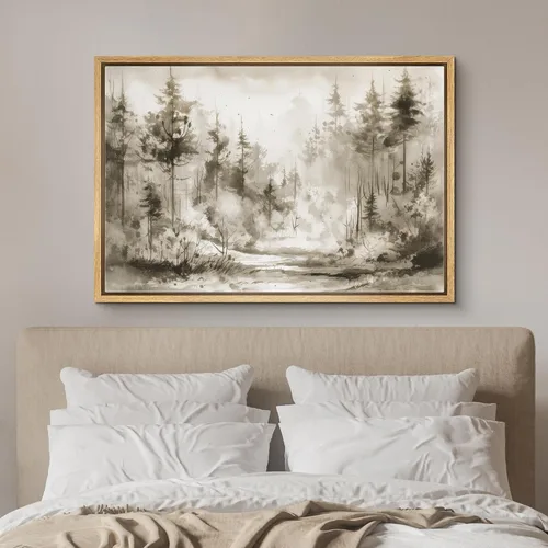 Vista 3 de SIGNFORD Lienzo enmarcado para pared, pinos sepia, bosques, bosques, naturaleza, ilustraciones de área silvestre, arte digital, arte moderno