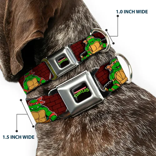 Vista 2 de Buckle-Down Collar de perro con hebilla de cinturón de seguridad, posturas clásicas de batalla TMNT/pose grupal, 7, 1 pulgada de ancho, se adapta a