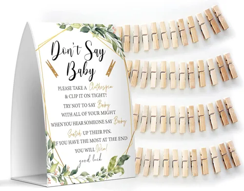 Vista 11 de Juego de texto en inglés "Don't Say Baby", un letrero de 5 x 7 pulgadas y 50 mini pinzas para la ropa, juegos de baby shower, decoración de baby