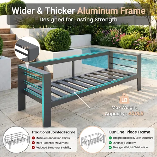 Vista 3 de Solaste Sofá de aluminio para patio con mesa auxiliar, juego de 3 muebles de patio con cojines, sofá de exterior para todo tipo de clima