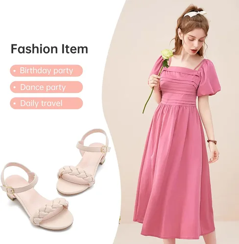 Vista 6 de Sandalias para niñas, tacones para niños, puntera abierta, correa al tobillo, zapatos de vestir, flores para boda, fiesta para niños pequeños
