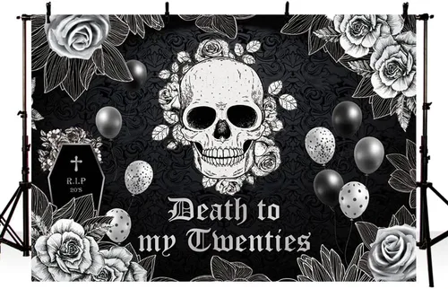 Vista 2 de MEHOFOND Telón de fondo de 7 x 5 pies de muerte a mis veinte para fiesta de cumpleaños de 30 años RIP to My 20s funeral gótico calavera rosa negra