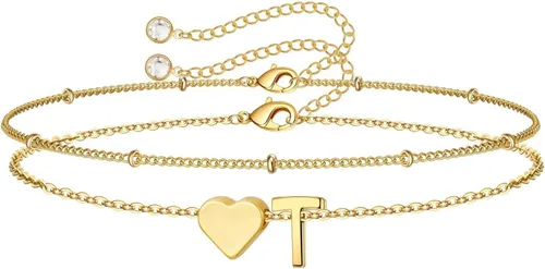Vista 40 de M MOOHAM Pulseras de oro con inicial de corazón para mujer, pulseras con dije de letra A-Z de corazón dorado en capas para mujer, pulseras