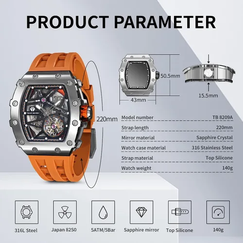 Vista 7 de TSAR BOMBA Reloj automático de lujo para hombre, forma tonneau, esqueleto, mecánico, 50 m, impermeable, analógico, relojes únicos, plateados