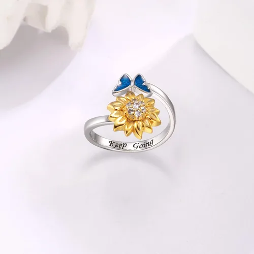 Vista 3 de oGoodsunj Anillo antiansiedad de plata esterlina 925 para mujer girasol abeja mariquita mariposa giratorio anillos tranquilos regalos de joyería