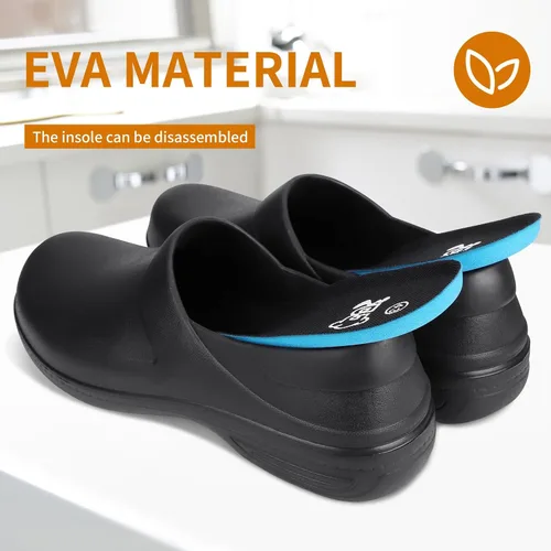 Vista 6 de Zapatos unisex antideslizantes para servicio de alimentos, impermeables, resistentes al aceite, zuecos de trabajo de cocina, cómodos zapatos