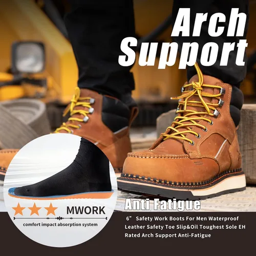 Vista 7 de MWORK Botas de trabajo con punta de mocasín de 6 pulgadas para hombre, suela de cuña, impermeable, ASTM F2413-18, punta metálica de seguridad