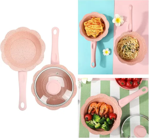 Vista 5 de Alvinlite Sartén antiadherente, mini sartén rosa para leche para bebés, juego de utensilios de cocina multifunción con tapa transparente para cocina