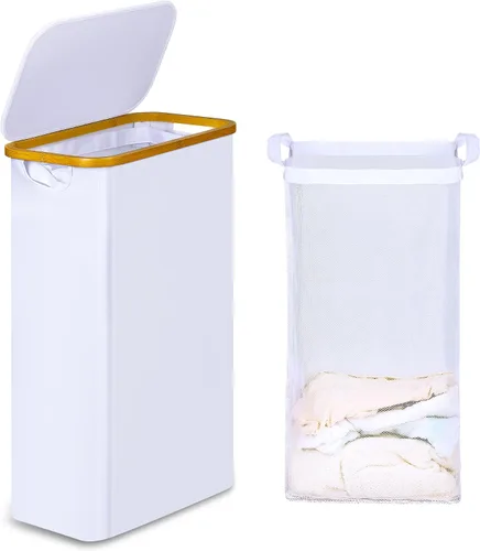 Vista 21 de iEGrow - Cesta de lavandería delgada de 65L, cesta de lavandería estrecha con tapa, cesta de ropa plegable con asas de bambú, cesta de lavandería