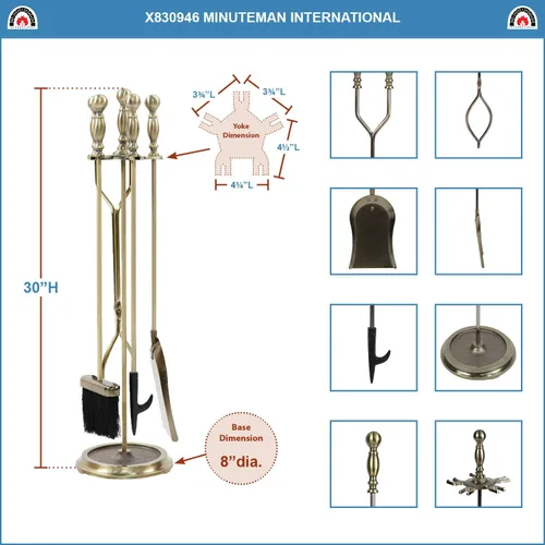 Vista 2 de Minuteman International Sutton - Juego de herramientas para chimenea, 5 piezas, latón antiguo Latón envejecido
