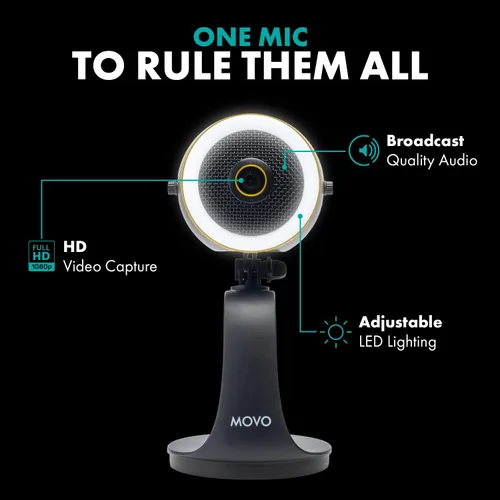 Vista 3 de Movo WebMic HD Pro - Cámara web todo en uno con micrófono y anillo de luz, cámara HD de 1080p, micrófono de condensador cardioide profesional