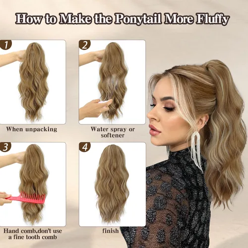 Vista 6 de FREEMEIGE Extensión de cola de caballo con clip de garra para mujer, extensiones de cabello sintético corto ondulado de cola de caballo de 16 27/613A