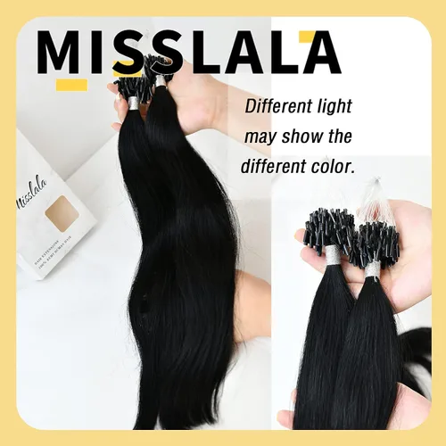 Vista 6 de Extensiones de cabello humano microlink de 16 pulgadas, extensiones de cabello natural suave de microcuentas, color #1 negro azabache, 100% cabello