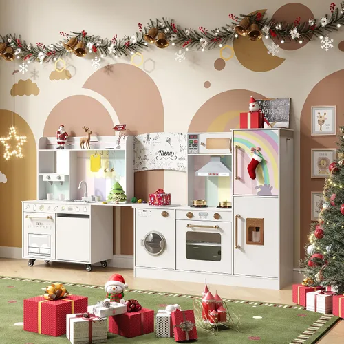 Vista 2 de BVIUNTWO Juego de Cocina de Juguete Grande, Juego de Cocina para Niños de Esquina Giratorio con Luces y Sonidos Reales, Fregadero de Juguete