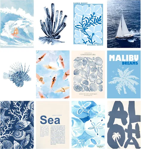 Vista 2 de Arte de pared de surf costero de playa, juego de 50 pósteres e impresiones de collage sin marco, decoración de pared de playa retro azul, decoración