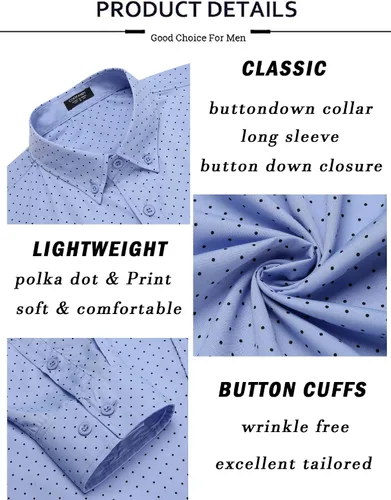 Vista 5 de COOFANDY Camisa de vestir de negocios para hombre, de manga larga, ajuste regular, informal, con estampado de lunares, con botones