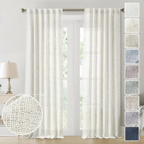 Vista 23 de Cortinas de Lino Natural Color Crema de 84 Pulgadas de Largo para Sala de Estar, Juego de 2 Paneles de Lino Texturizado con Trabillas Traseras