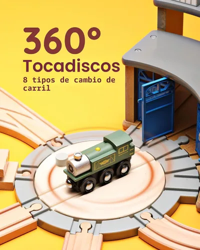 Vista 3 de Pista de tren de madera SainSmart Jr. con casa de locomotoras - Juguete ferroviario para niños pequeños, pistas de doble cara compatibles con todas