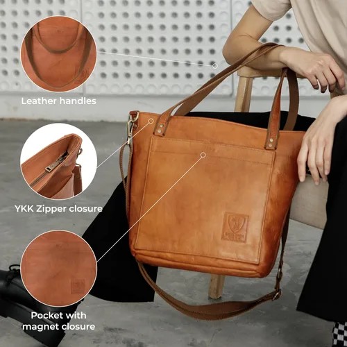 Vista 5 de BERLINER BAGS Bolso tote vintage de cuero genuino Verona, bolso de mano, comprador grande, bolsa de trabajo para mujer