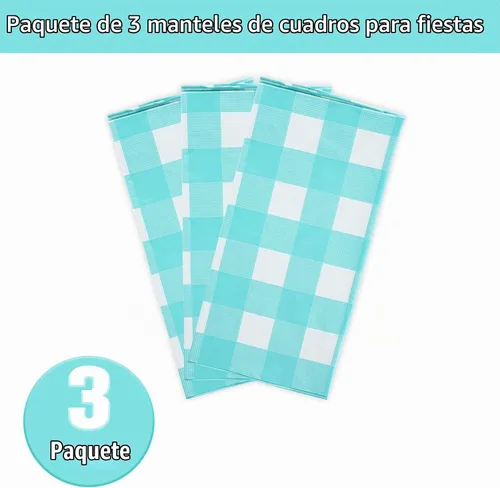 Vista 5 de Kesfey Paquete de 3 manteles a cuadros, color aqua y blanco, 54x108 pulgadas, desechables, de plástico, impermeables, rectangulares, para mesa