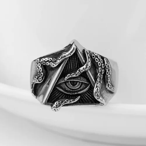 Vista 2 de HZMAN Anillo de ojo de la Providencia, estilo vintage, triangular, estilo tentáculo, para hombre, punk de acero inoxidable, resistente, para todo lo