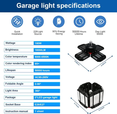 Vista 5 de Luces de garaje LED de techo, 12 paneles enchufables con 180 W, 18000 lúmenes, 6500 K, 12 hojas deformables multiposición, base E26 E27 ideal
