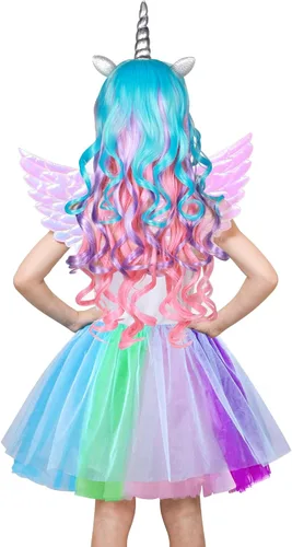 Vista 3 de G.C Vestido de unicornio para niñas, disfraz de princesa con diadema y alas para niños, falda tutú de manga con vuelo, regalos de Halloween