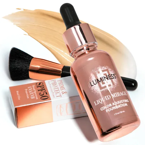 Vista 10 de LUMINESS Kit de 3 piezas Liquid Mirage - Base con cambio de color con SPF 50, pincel de maquillaje y primer hidratante y ligero para el rostro, base