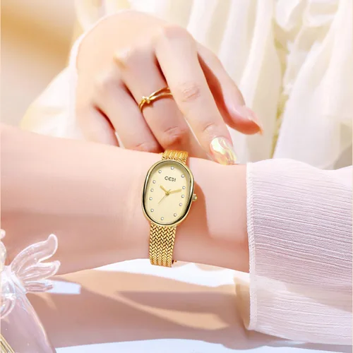 Vista 2 de Reloj de oro para mujer con esfera de diamante artificial, pulsera de acero inoxidable, movimiento de cuarzo, resistente al agua para la oficina
