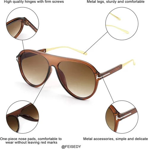Vista 4 de FEISEDY Gafas de sol retro estilo piloto de los años 70 de gran tamaño clásicas fantásticamente vintage redondas para mujeres y hombres B2778