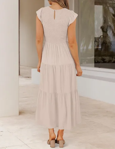 Vista 3 de ZESICA - Vestido por debajo de la rodilla para mujer, diseño informal y escalonado de manga corta, con cuello redondo y cintura elástica fruncida