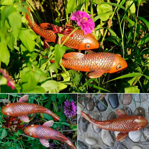 Vista 4 de Estatuas de Jardín de Peces Koi de Cerámica Antigua - Juego de 2 Exquisitas Esculturas de Peces para Exteriores, Patio, Estanque y Decoraciones